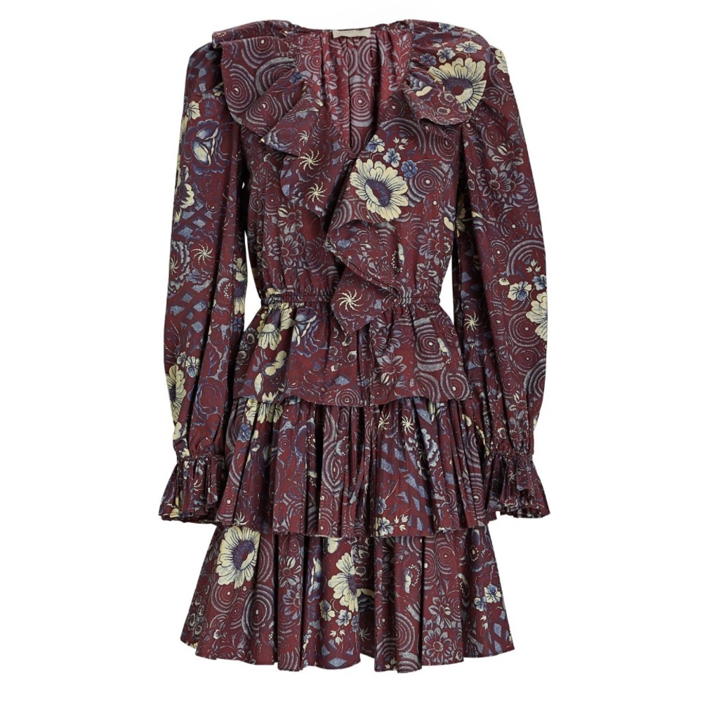 Ulla Johnson Burgundy and Cream Floral Mini Dress